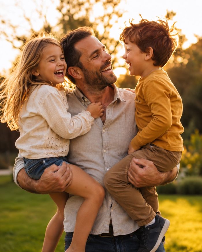 A father laughing with his two kids at sunset